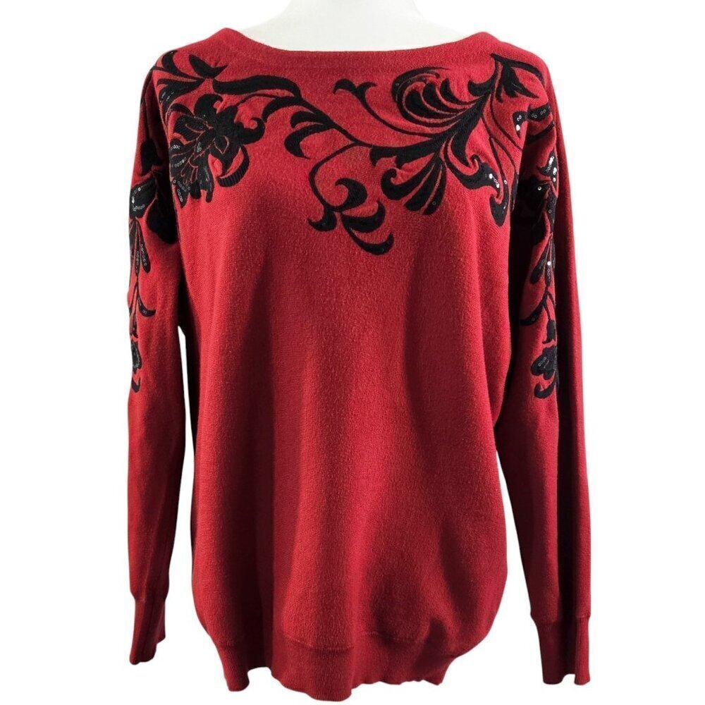 Chico's Red Floral Sequin Dolman Sleeve Sweater Embellished Holiday Party
